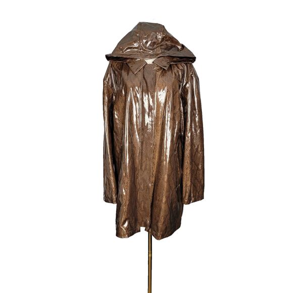 Nikki Jones Rain Jacket Size Large Brown Snakeskin Print Raincoat Shiny Hooded - Picture 2 of 16